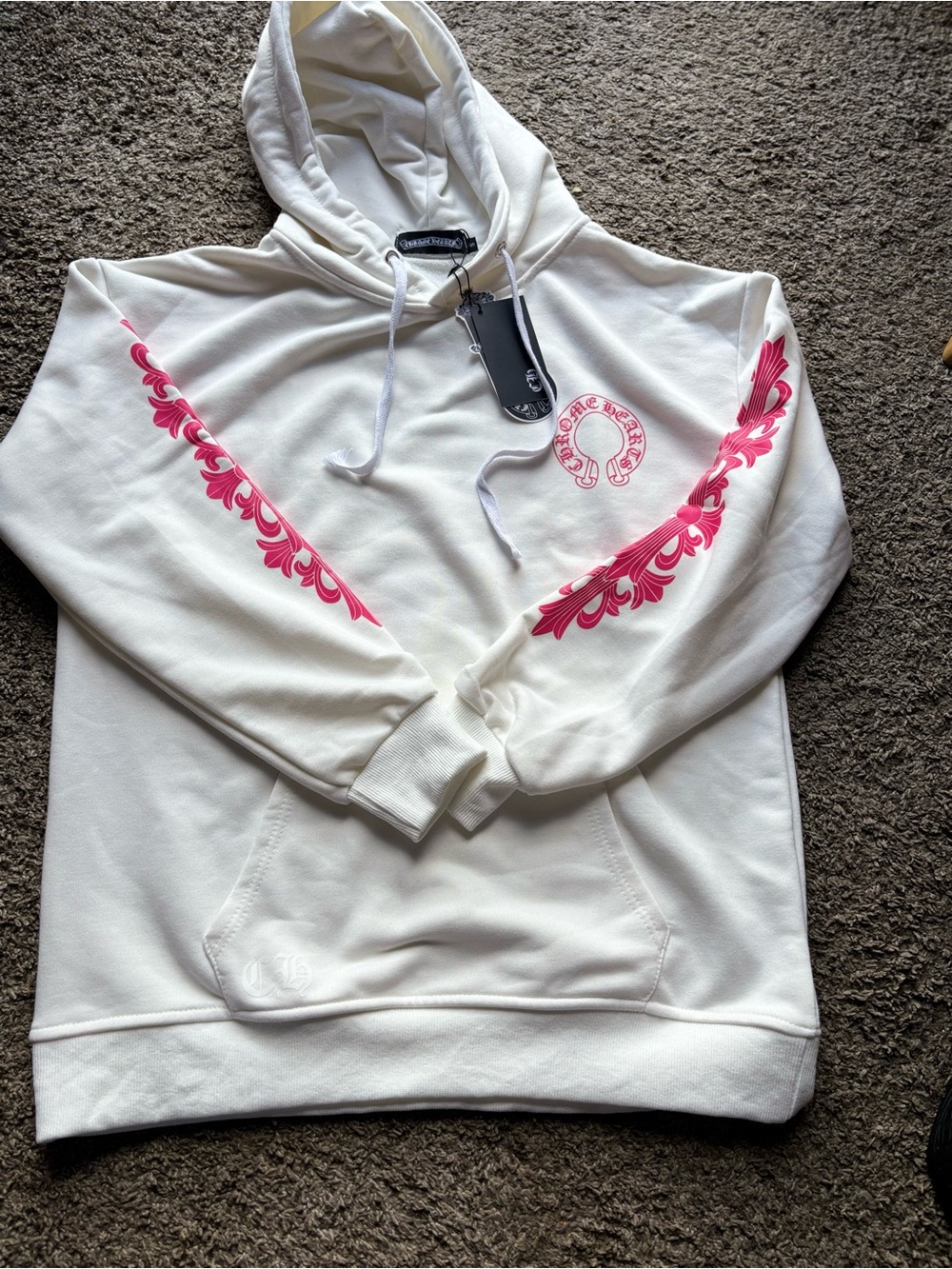 White Hoodie with Pink Sleeve Graphics -Chrome - Picture 1 of 8